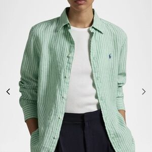 Ralph Lauren 100% Linen Custom Fit Mint Green & White Striped Oxford Preppy